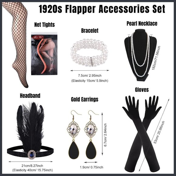 1920s V Neck Sequin Beaded Fringed Dress with 20s Accessories Set - Picture 5 of 6